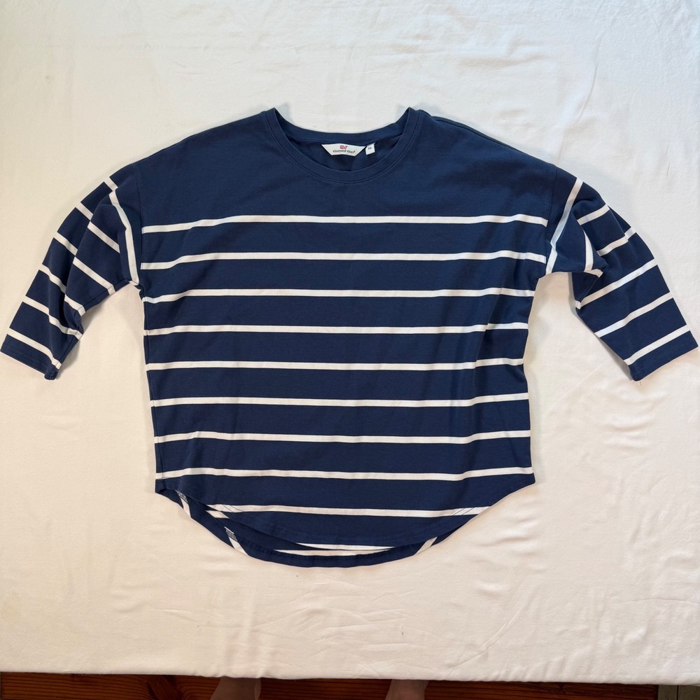 Vineyard Vines Navy Striped Boxy Top XS Quarter Sleeve Cotton Summer Nautical